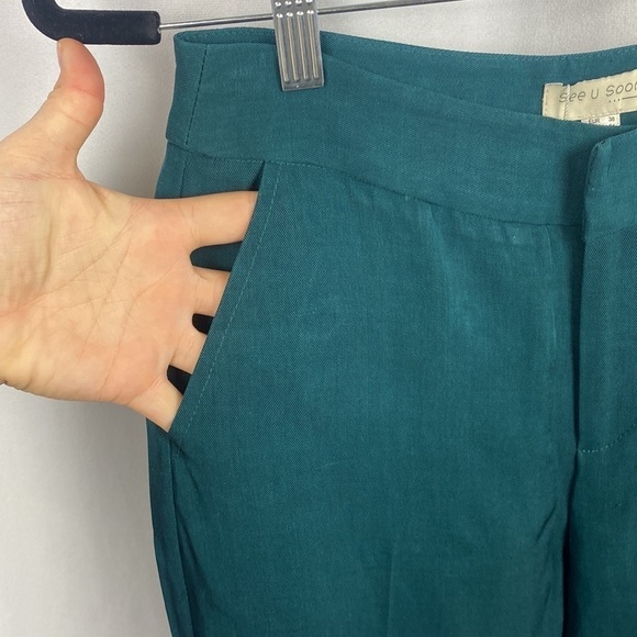 Anthropologie See U Soon Dark Tourquoise Green Tapered Linen Trouser Dress Pants - Picture 11 of 16